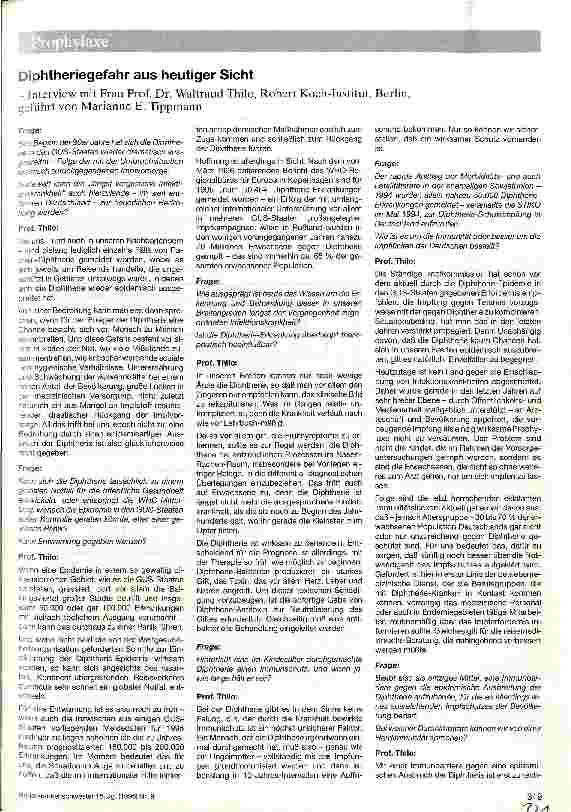 Vorschauseite 1: Diphtheriegefahr aus heutiger Sicht Interview mit Frau Prof. Thilo, Robert-Koch-Institut, Berlin