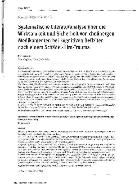 Vorschauseite 1: Systematische Literaturanalyse über die Wirksamkeit und Sicherheit von cholinergen Medikamenten bei kognitiven Defiziten nach einem Schädel-Hirn-Trauma
