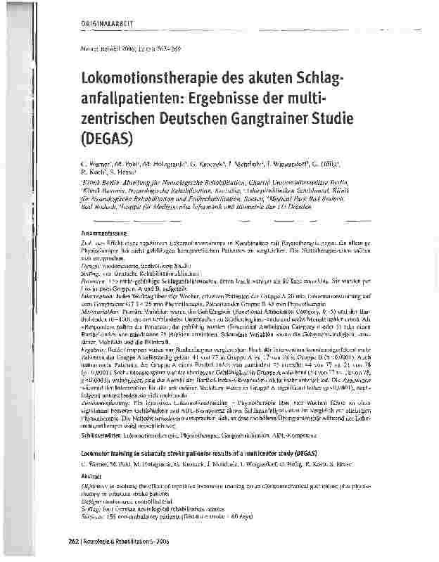 Vorschauseite 1: Lokomotionstherapie des akuten Schlaganfallpatienten: Ergebnisse der multizentrischen Deutschen Gangtrainer Studie (DEGAS)