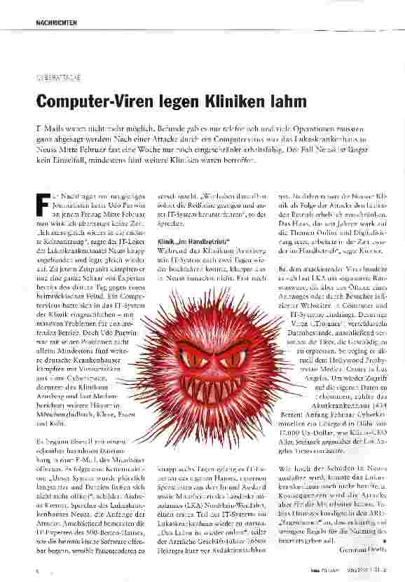 Vorschauseite 1: Computer-Viren legen Kliniken lahm
