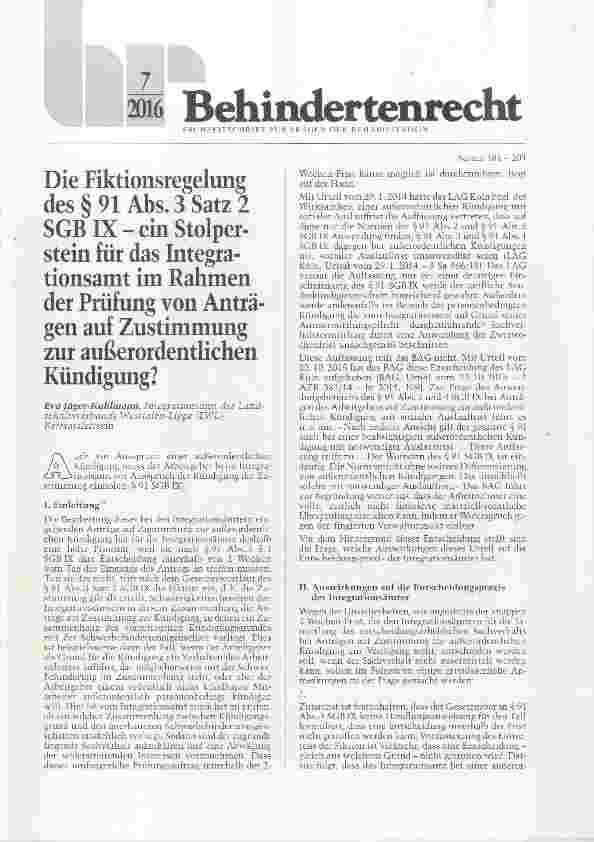 Vorschauseite 1: Die Fiktionsregelung des § 91 Abs. 3 Satz 2 SGB IX ein Stolperstein für das Integrationsamt im Rahmen der Prüfung von Anträgen auf Zustimmung zur außerordentlichen Kündigimg?