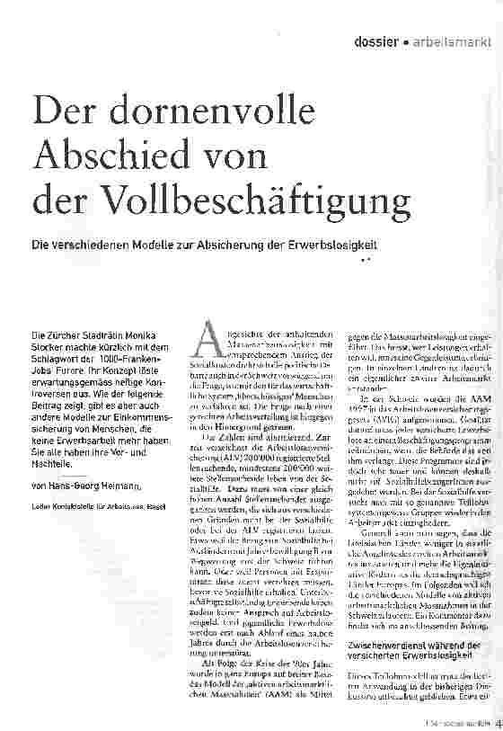 Vorschauseite 1: Der dornenvolle Abschied von der VollbeschäftigungDie verschiedenen Modelle zur Absicherung der Erwerbslosigkeit