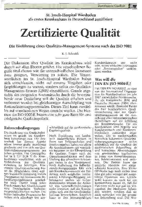 Vorschauseite 1: Zertifizierte Qualität St. Josefs-Hospital Wiesbaden als erstes Krankenhaus in Deutschland zertifiziert Die Einfürhung eines Qualitäts-Management-Systems nach der ISO 9001
