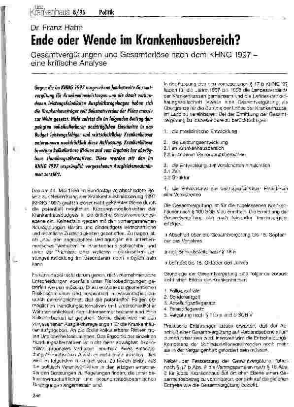Vorschauseite 1: Ende oder Wende im Krankenhausbereich? Gesamtvergütungen und Gesamterlöse nach dem KHNG 1997 - eine kritische Analyse