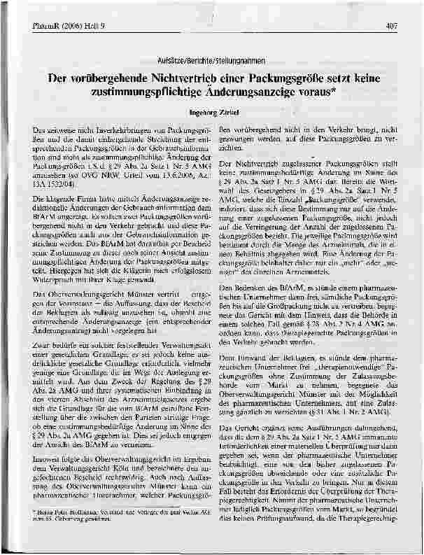 Vorschauseite 1: Der vorübergehende Nichtvertrieb einer Packungsgröße setzt keine Zustimmungspflichtige Anderungsanzeige voraus