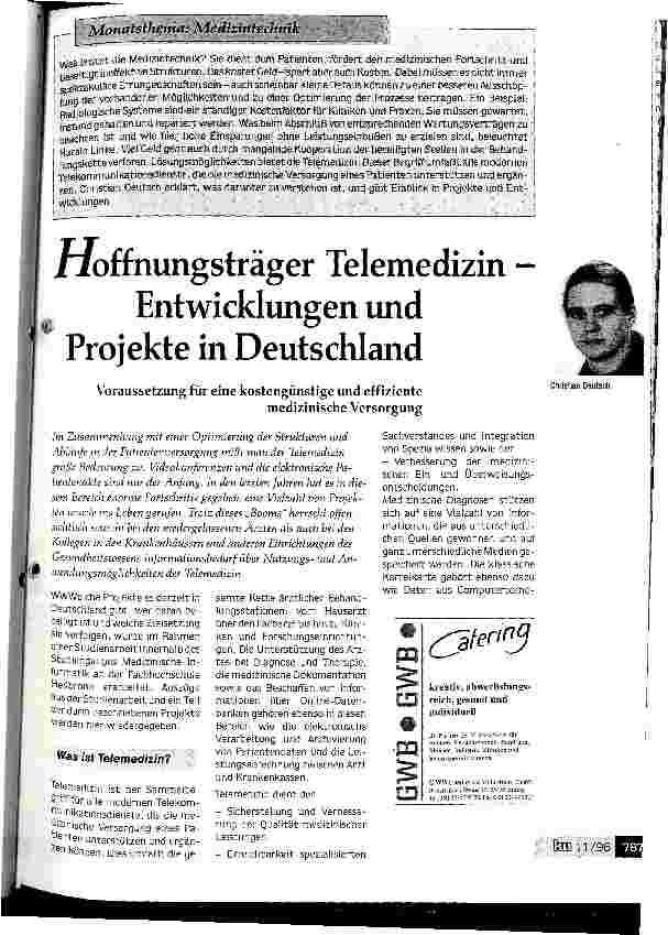 Vorschauseite 1: Hoffnungsträger Telemedizin - Entwicklungen und Projekte in Deutschland Voraussetzung für eine kostengünstige Versorgung