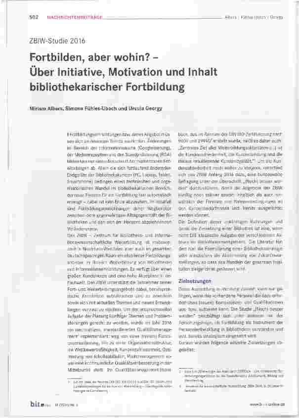 Vorschauseite 1: ZBIW-Studie 2016 Fortbilden, aber wohin? Über Initiative, Motivation und Inhaltbibliothekarischer Fortbildung