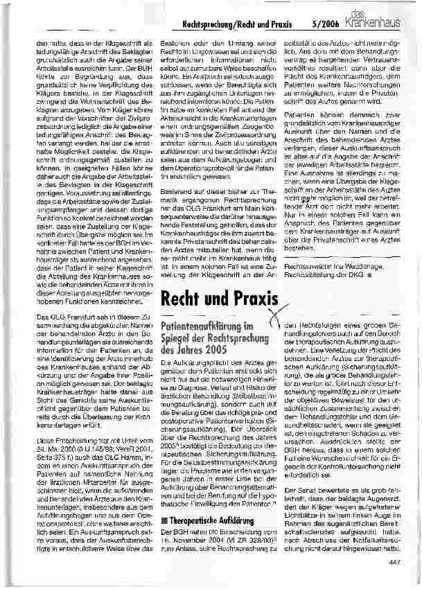 Vorschauseite 1: Recht und PraxisPatientenaufklärung im Spiegel der Rechtsprechung des Jahres 2005