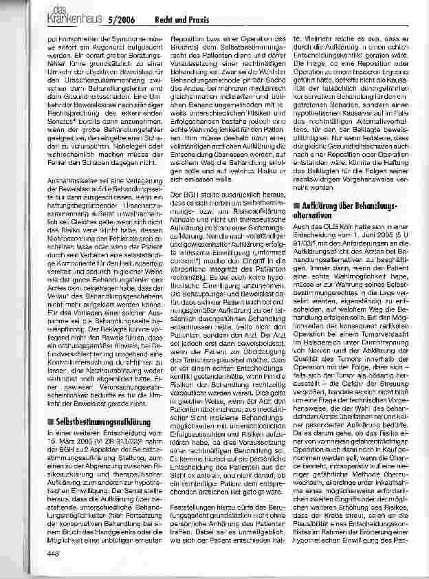 Vorschauseite 2: Recht und PraxisPatientenaufklärung im Spiegel der Rechtsprechung des Jahres 2005