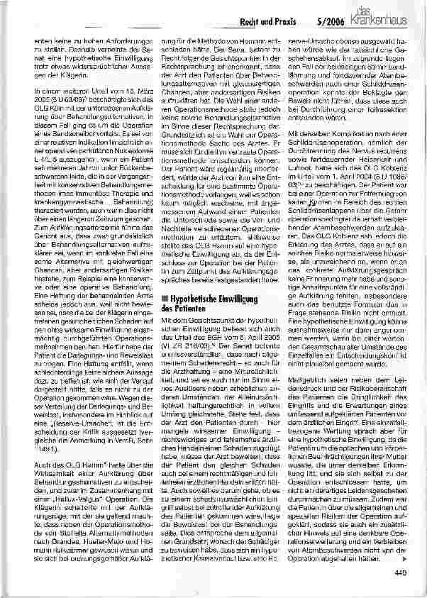 Vorschauseite 3: Recht und PraxisPatientenaufklärung im Spiegel der Rechtsprechung des Jahres 2005