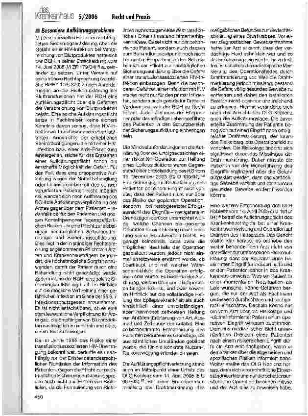 Vorschauseite 4: Recht und PraxisPatientenaufklärung im Spiegel der Rechtsprechung des Jahres 2005