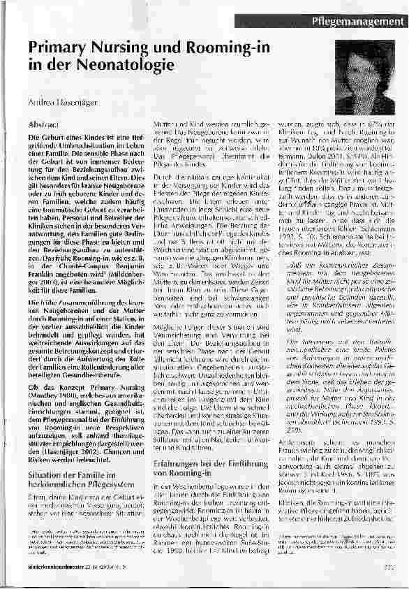 Vorschauseite 1: Primary Nursing und Rooming-in in der Neonatologie
