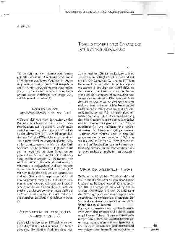 Vorschauseite 1: TRACHEOTOMIE UNTER EINSATZ DER INTUBATIONSLARYNXMASKE