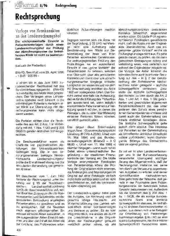 Vorschauseite 1: Vorlage von Krankenakten an den Landesrechnungshof BVerfG, Beschluß vom 29. April 1996 - 1 BvR 1226/89 -