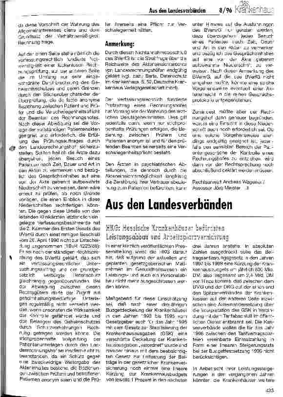 Vorschauseite 2: Vorlage von Krankenakten an den Landesrechnungshof BVerfG, Beschluß vom 29. April 1996 - 1 BvR 1226/89 -