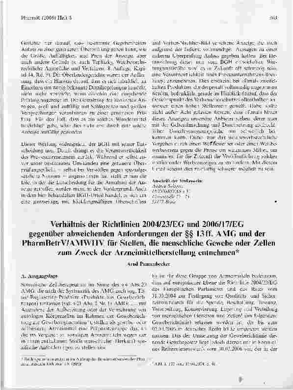 Vorschauseite 1: Verhältnis der Richtlinien 2004/23/EG und 2006/17/EGgegenüber abweichenden Anforderungen der §§ 13 ff. AMG und der PharmBetrV/AMWHV für Stellen, die menschliche Gewebe oder Zellen…