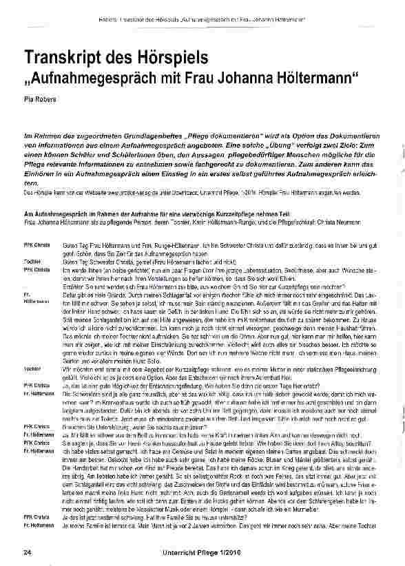 Vorschauseite 1: Transkript des Hörspiels „Aufnahmegespräch mit Frau Johanna Höltermann