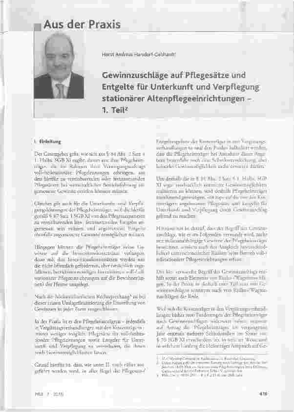 Vorschauseite 1: Gewinnzuschläge auf Pflegesätze und Entgelte für Unterkunft und Verpflegung stationärer Altenpflegeeinrichtungen - 1. Teil2