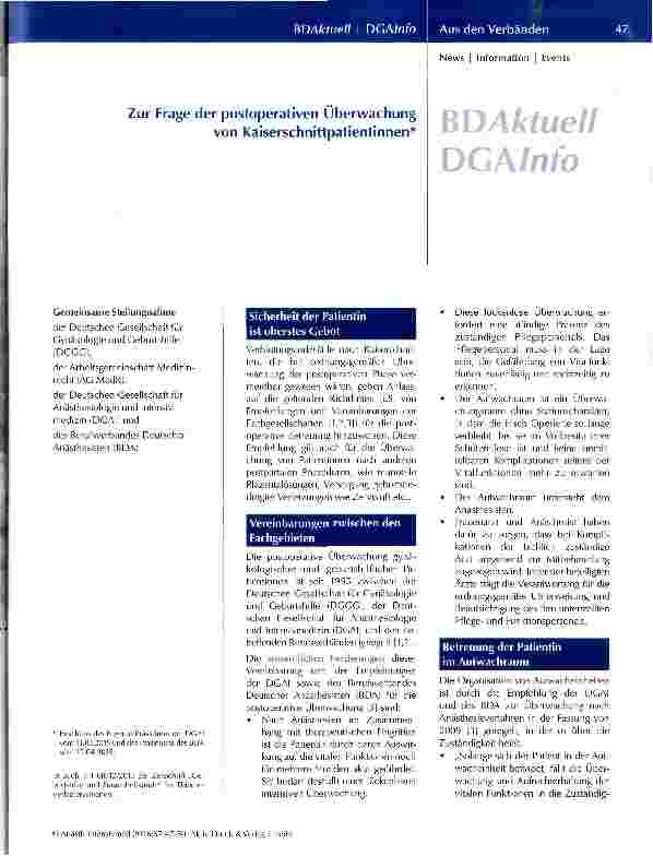 Vorschauseite 1: Zur Frage der postoperativen Überwachung von Kaiserschnittpatientinnen