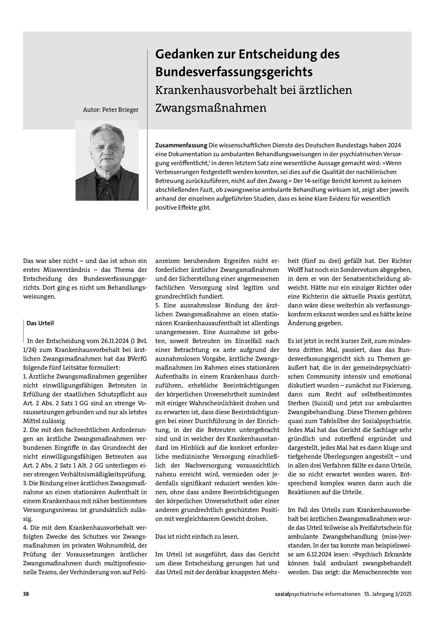 Vorschauseite 1: Gedanken zur Entscheidung des Bundesverfassungsgerichts: Krankenhausvorbehalt bei ärztlichen Zwangsmaßnahmen