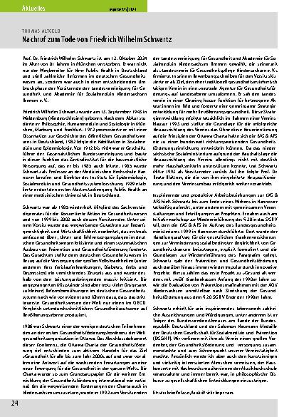 Vorschauseite 1: Nachruf zum Tode von Friedrich Wilhelm Schwarz