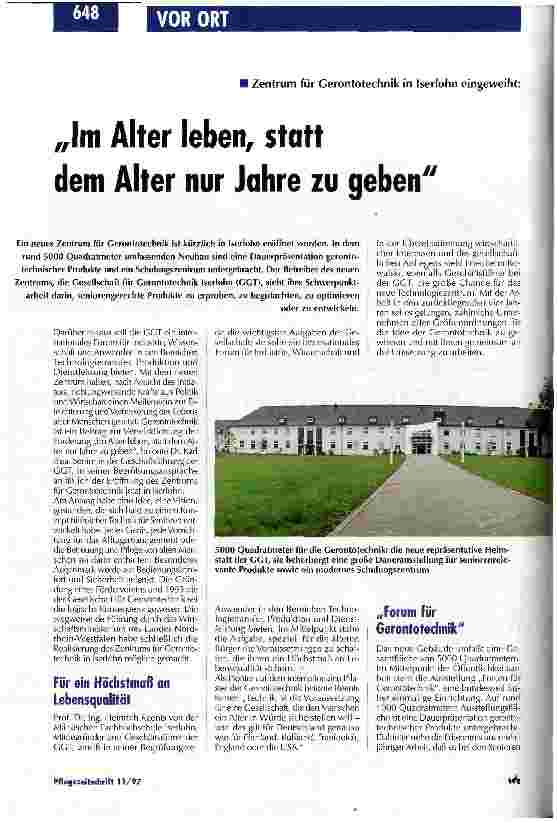 Vorschauseite 1: Im Alter leben statt dem Alter nur Jahre zu geben Zentrum für Gerontotechnik in Iserlohn eingeweiht