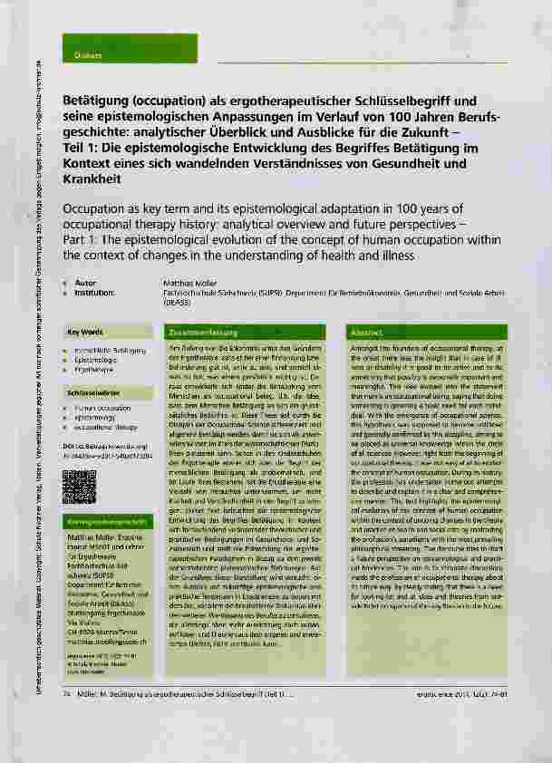 Vorschauseite 1: Betätigung (occupation) als ergotherapeutischer Schlüsselbegriff und seine epistemologischen Anpassungen im Verlauf von 100 Jahren Berufsgeschichte: analytischer Überblick und Aus…