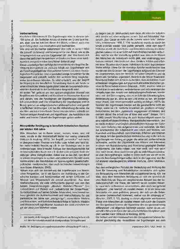 Vorschauseite 2: Betätigung (occupation) als ergotherapeutischer Schlüsselbegriff und seine epistemologischen Anpassungen im Verlauf von 100 Jahren Berufsgeschichte: analytischer Überblick und Aus…