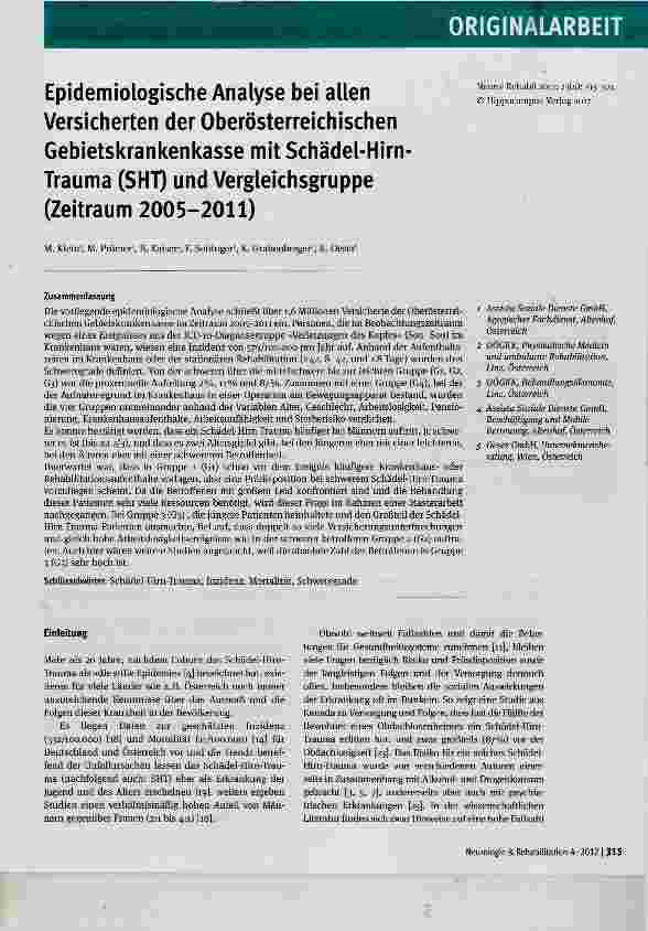 Vorschauseite 1: Epidemiologische Analyse bei allen Versicherten der Oberösterreichischen Gebietskrankenkasse mit Schädel-Hirn-Trauma (SHT) und Vergleichsgruppe (Zeitraum 2005-2011)