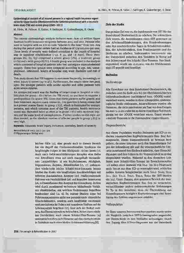Vorschauseite 2: Epidemiologische Analyse bei allen Versicherten der Oberösterreichischen Gebietskrankenkasse mit Schädel-Hirn-Trauma (SHT) und Vergleichsgruppe (Zeitraum 2005-2011)