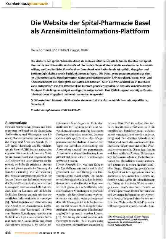 Vorschauseite 1: Die Website der Spital-Pharmazie Basel als Arzneimittelinformations-Plattform