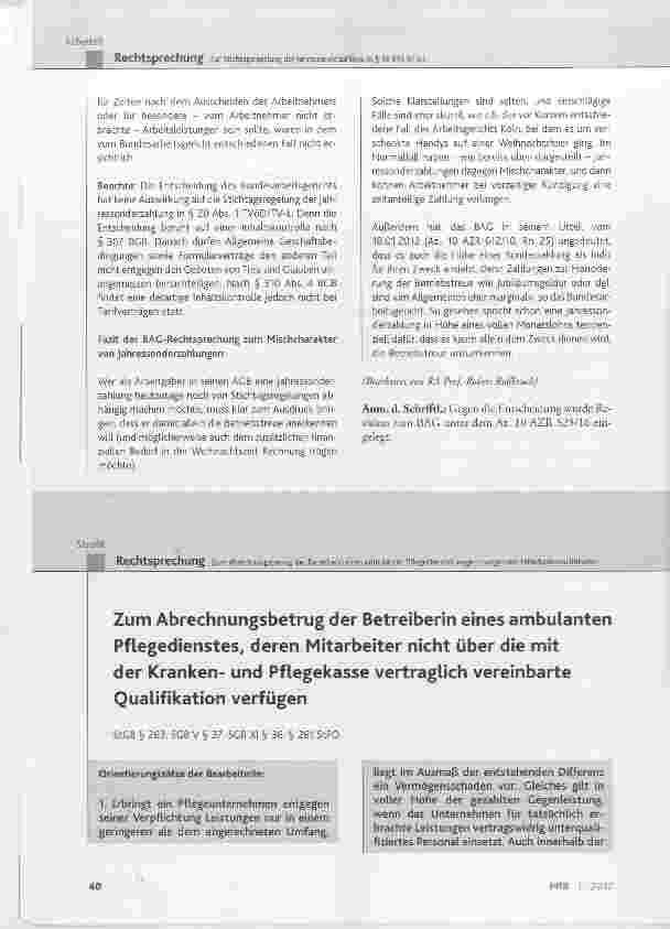 Vorschauseite 1: Zum Abrechnungsbetrug der Betreiberin eines ambulanten Pflegedienstes, deren Mitarbeiter nicht über die mit der Krankenund Pflegekasse vertraglich vereinbarte Qualifikation verfüg…