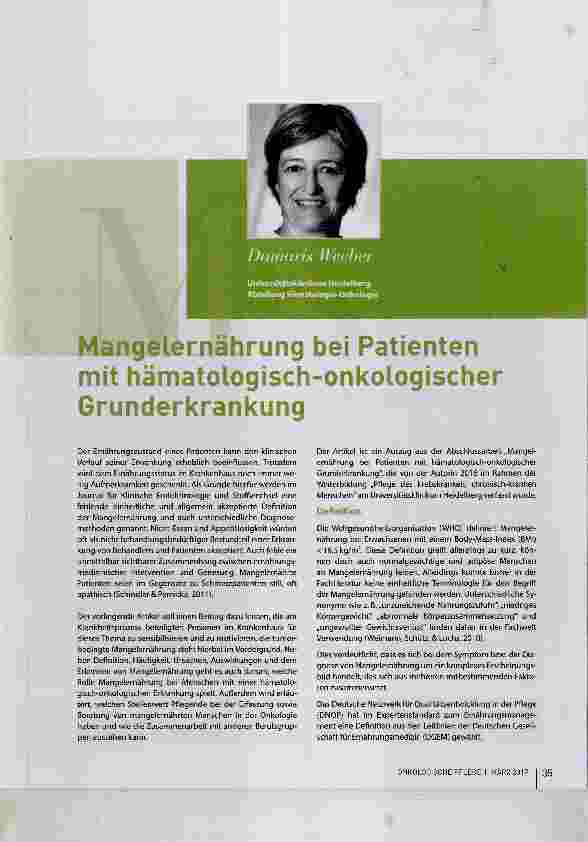 Vorschauseite 1: Mangelernährung bei Patienten mit hämatologisch-onkologischer Grunderkrankung