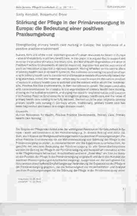 Vorschauseite 1: Stärkung der Pflege in der Primärversorgung in Europa: die Bedeutung einer positiven Praxisumgebung