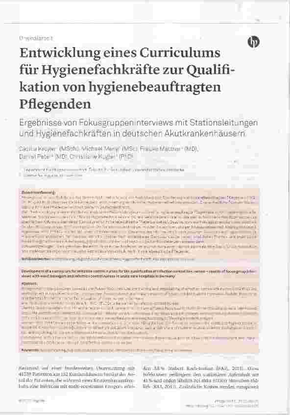 Vorschauseite 1: Entwicklung eines Curriculums für Hygienefachkräfte zur Qualifikation von hygienebeauftragten Pflegenden