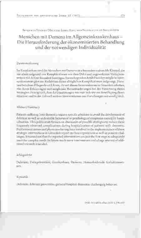 Vorschauseite 1: Menschen mit Demenz im Allgemeinkrankenhaus - Die Herausforderung der ökonomisierten Behandlung und der notwendigen Individualität