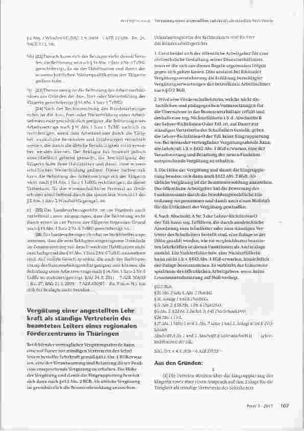 Vorschauseite 1: Vergütung einer angestellten Lehrkraft als ständige Vertreterin des beamteten Leiters eines regionalen Förderzentrums in Thüringen