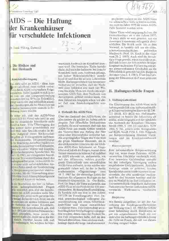Vorschauseite 1: AIDS - Die Haftung der Krankenhäuser für verschuldete Infektionen