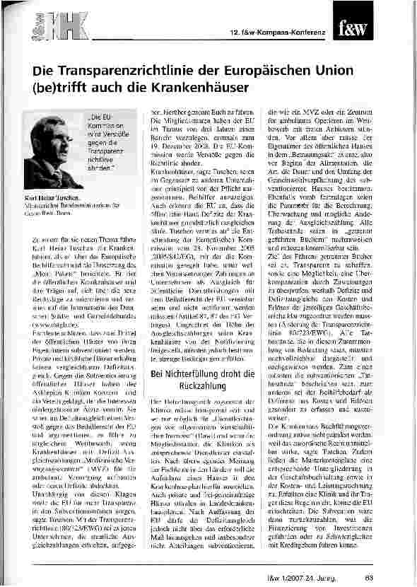 Vorschauseite 3: Die Transparenzrichtlinie der EU (be)trifft auch die Krankenhäuser