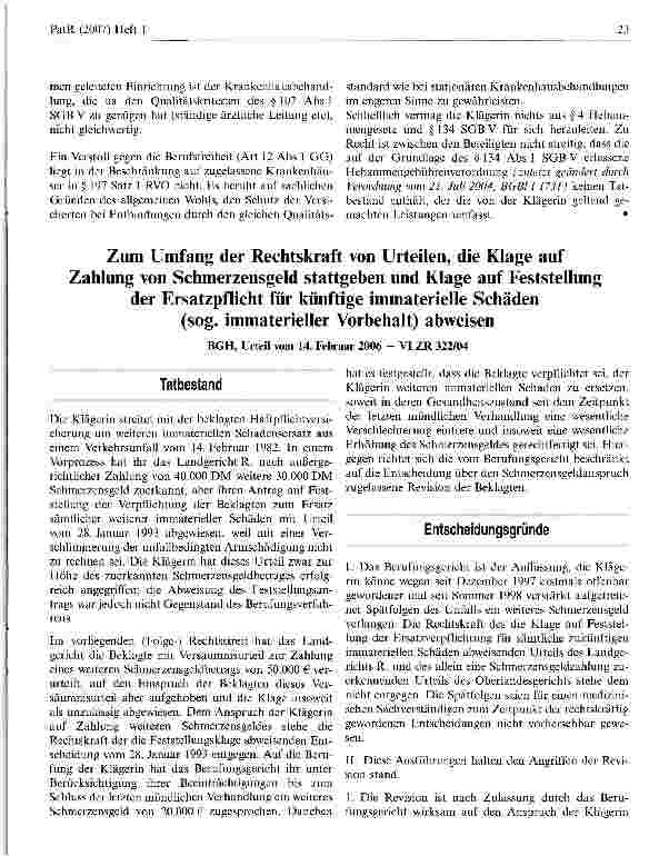 Vorschauseite 1: Zum Umfang der Rechtskraft von Urteilen, die Klage auf Zahlung von Schmerzensgeld stattgeben und Klage auf Feststellung der Ersatzpflicht für künftige immaterielle Schäden(sog. im…