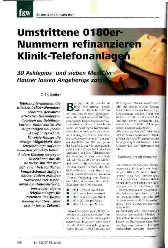 Vorschauseite 1: Umstrittene 0180er-Nummern refinanzieren Klinik-Telefonanlag