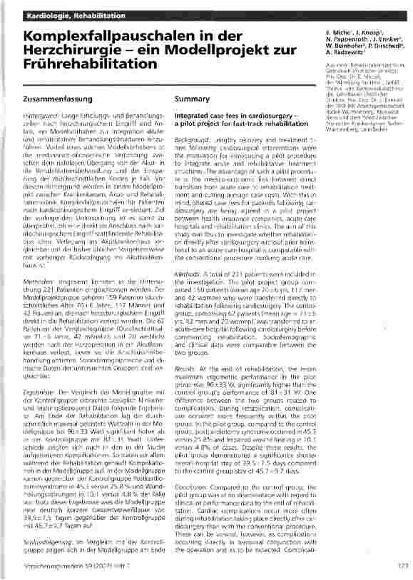 Vorschauseite 1: Komplexfallpauschalen in der Herzchirurgie - ein Modellprojekt zur Frührehabilitation