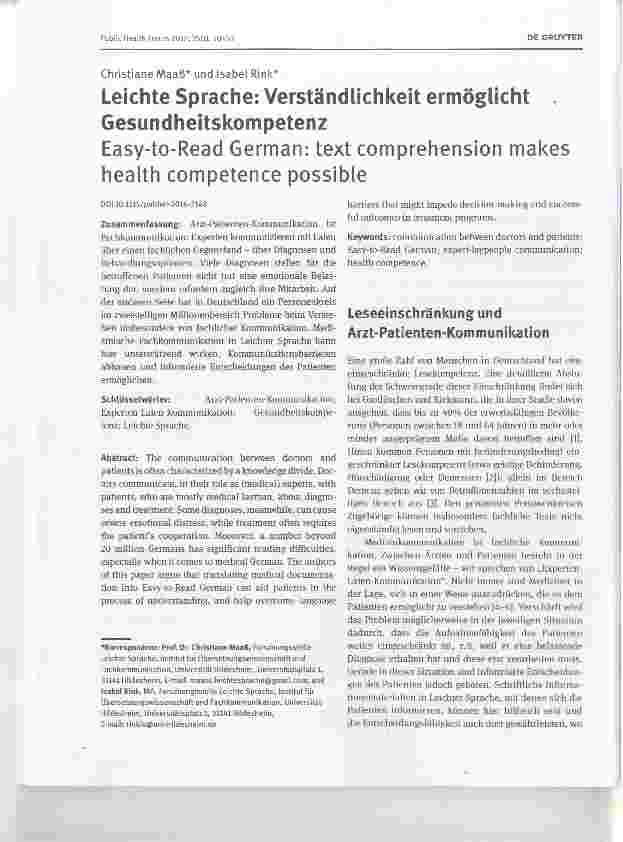 Vorschauseite 1: Leichte Sprache: Verständlichkeit ermöglicht GesundheitskompetenzEasy-to-Read German: text comprehension makes health competence possible