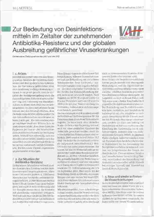 Vorschauseite 1: Zur Bedeutung von Desinfektionsmitteln im Zeitalter der zunehmenden Antibiotika-Resistenz und der globalen Ausbreitung gefährlicher Viruserkrankungen