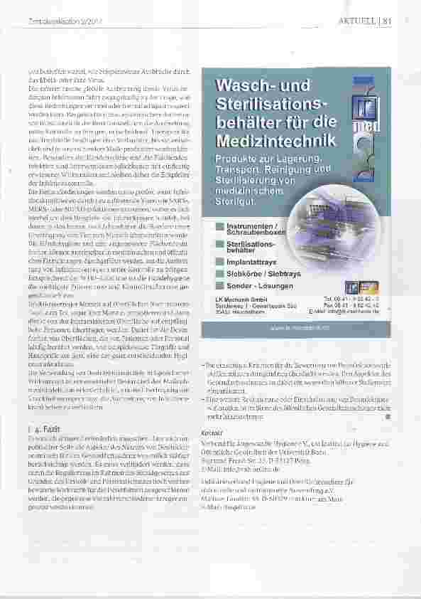 Vorschauseite 2: Zur Bedeutung von Desinfektionsmitteln im Zeitalter der zunehmenden Antibiotika-Resistenz und der globalen Ausbreitung gefährlicher Viruserkrankungen