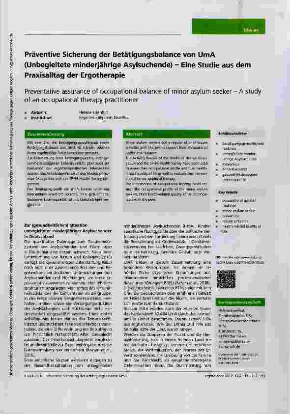 Vorschauseite 1: Präventive Sicherung der Betätigungsbalance von UmA (Unbegleitete minderjährige Asylsuchende) Eine Studie aus dem Praxisalltag der Ergotherapie