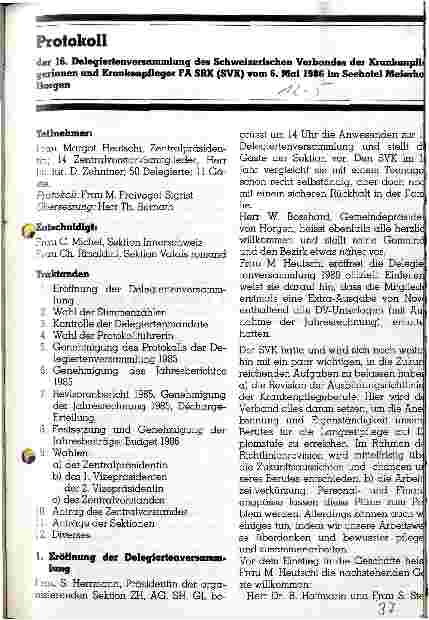 Vorschauseite 1: Protokoll der 16. Delegiertenversammlung des Schweizerischen Verbandes der Krankenpflegerinnen/pfleger FA SRK (SVK) vom 6.Mai 1986