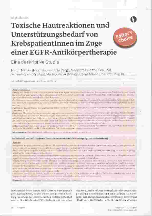 Vorschauseite 1: Toxische Hautreaktionen und Unterstützungsbedarf von Krebspatientinnen im Zuge einer EGFR-Antikörpertherapie