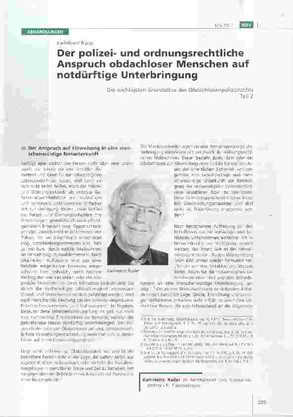 Vorschauseite 1: Der polizeiund ordnungsrechtliche Anspruch obdachloser Menschen auf notdürftige Unterbringung Die wichtigsten Grundsätze des Obdachlosenpolizeirechts-Teil 2