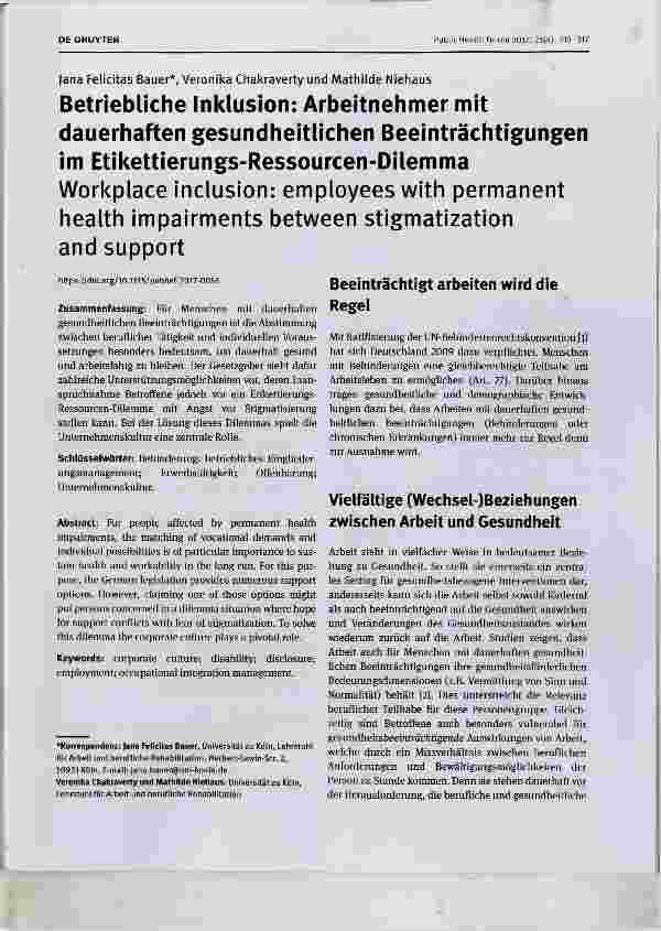 Vorschauseite 1: Betriebliche Inklusion: Arbeitnehmer mit dauerhaften gesundheitlichen Beeinträchtigungen im Etikettierungs-Ressourcen-Dilemma